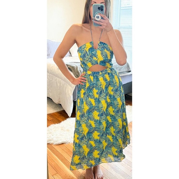 Tanya Taylor Yellow and Blue Floral Palm Print Halter Maxi Dress Size 2 - Picture 3 of 10
